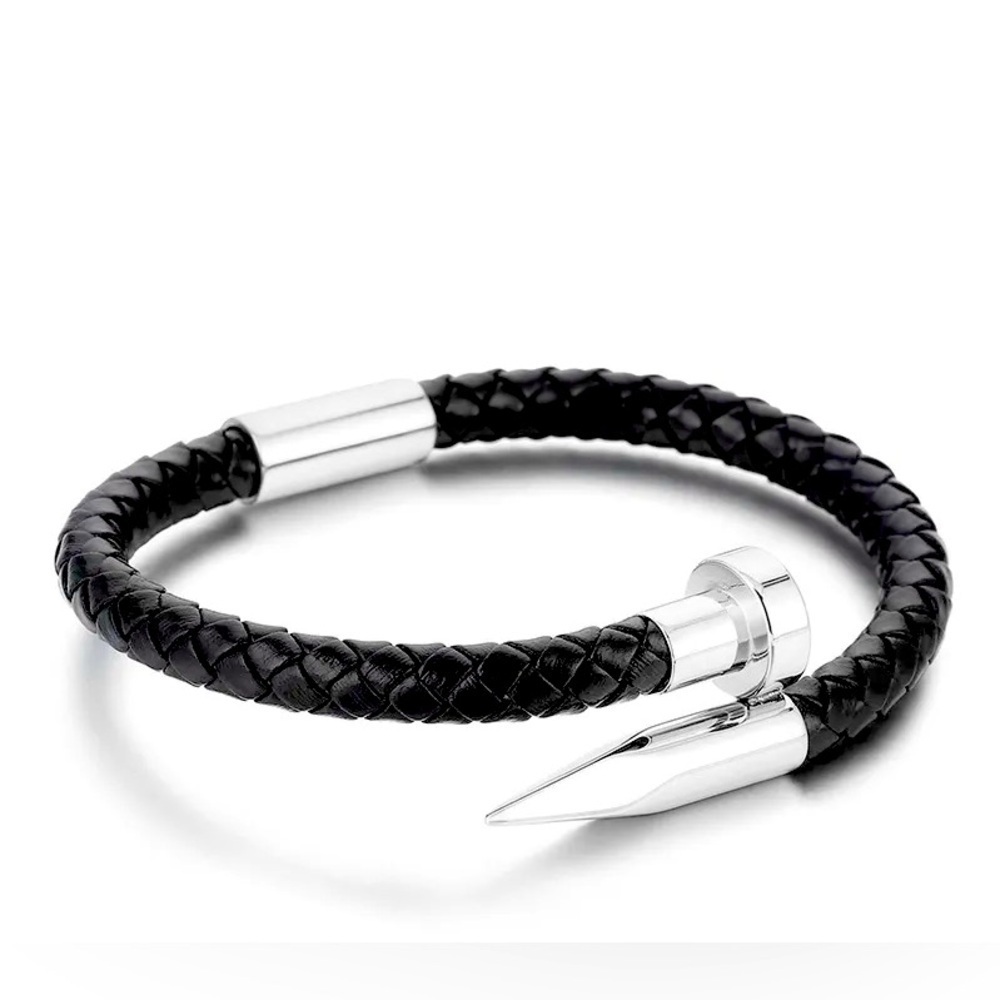 Mens Black Leather Bracelet with Silver Nail